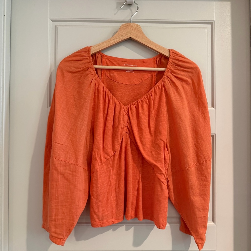 Anthropologie Orange V-Neck Puff Sleeve‎ Boho Cotton Top Size Medium